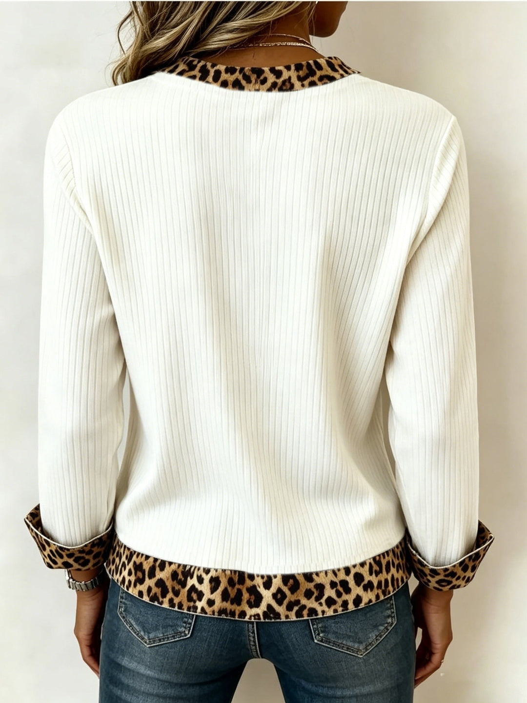 LEANE | WOMEN'S LEOPARD SWEATER V NECK RIBBED TOP 6