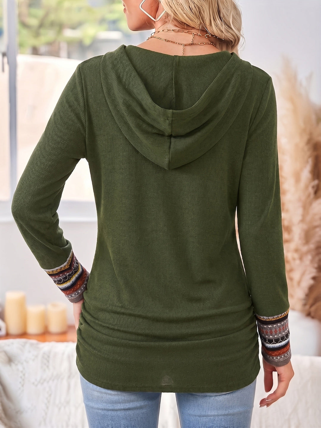 Women's Cowl Neck Patchwork Hoodie – Detail View