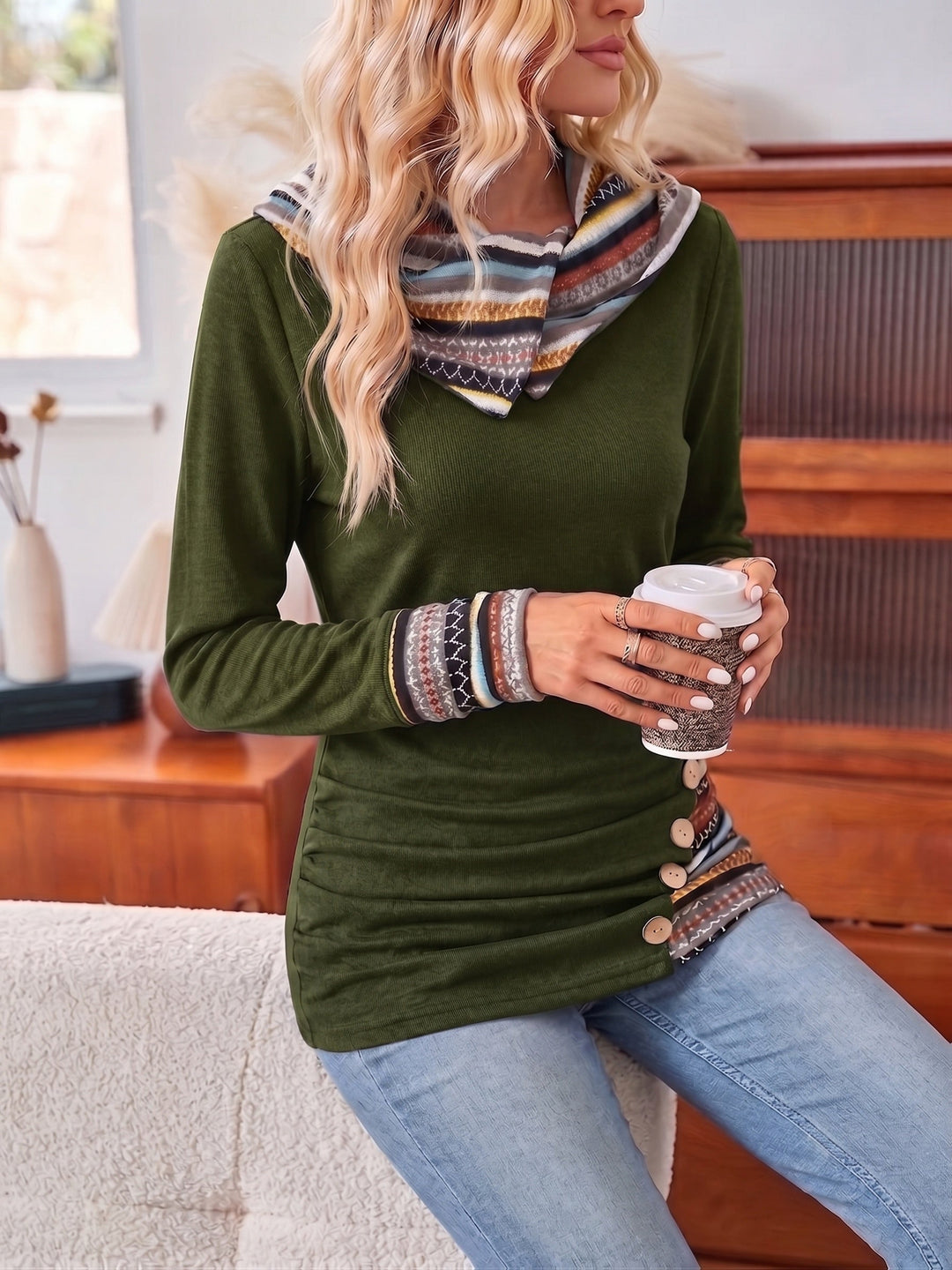 Women's Cowl Neck Patchwork Hoodie – Detail View