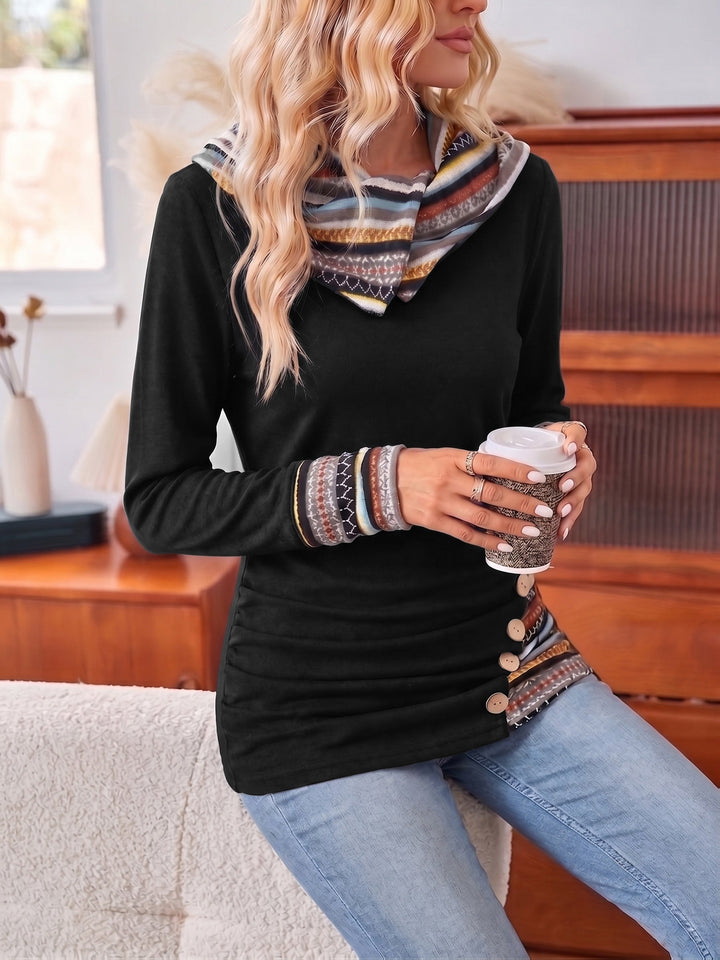 Women's Cowl Neck Patchwork Hoodie – Detail View
