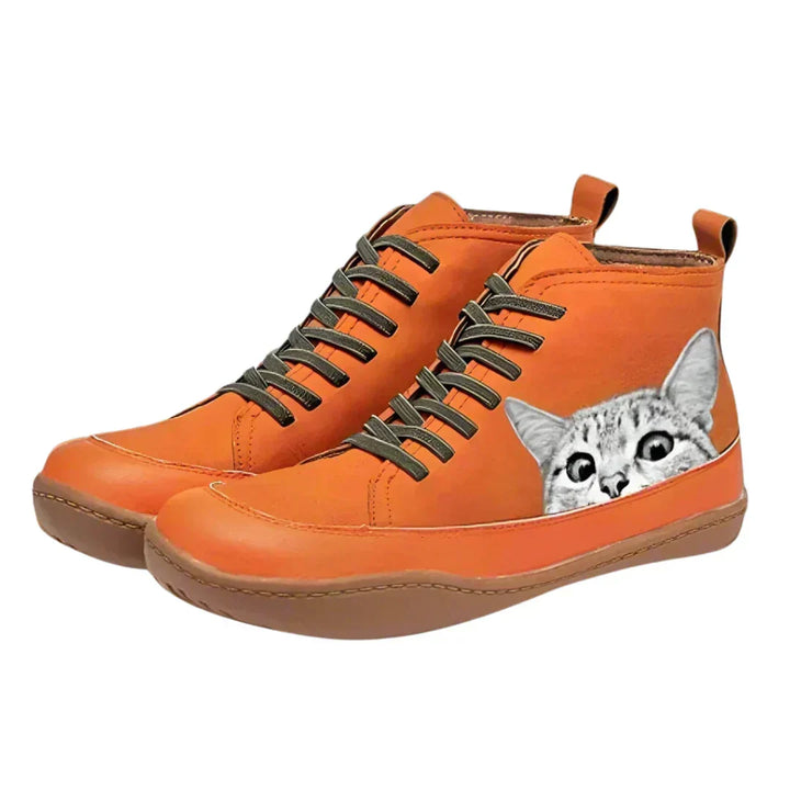 Women's Cat Print Lace Up Ankle Boots – Orange