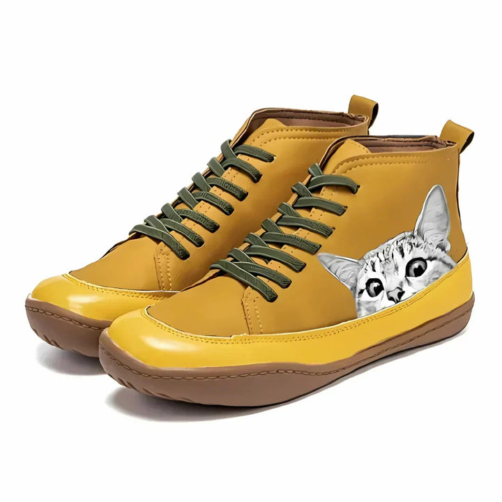 Women's Cat Print Lace Up Ankle Boots – Yellow