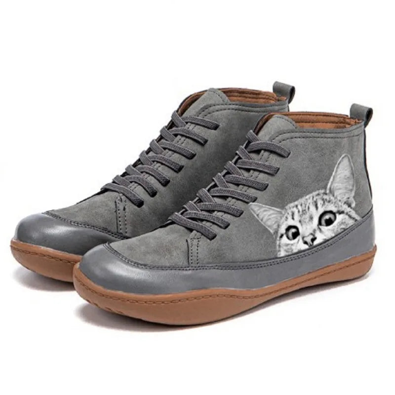 Women's Cat Print Lace Up Ankle Boots – Gray