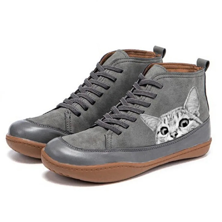 Women's Cat Print Lace Up Ankle Boots – Gray