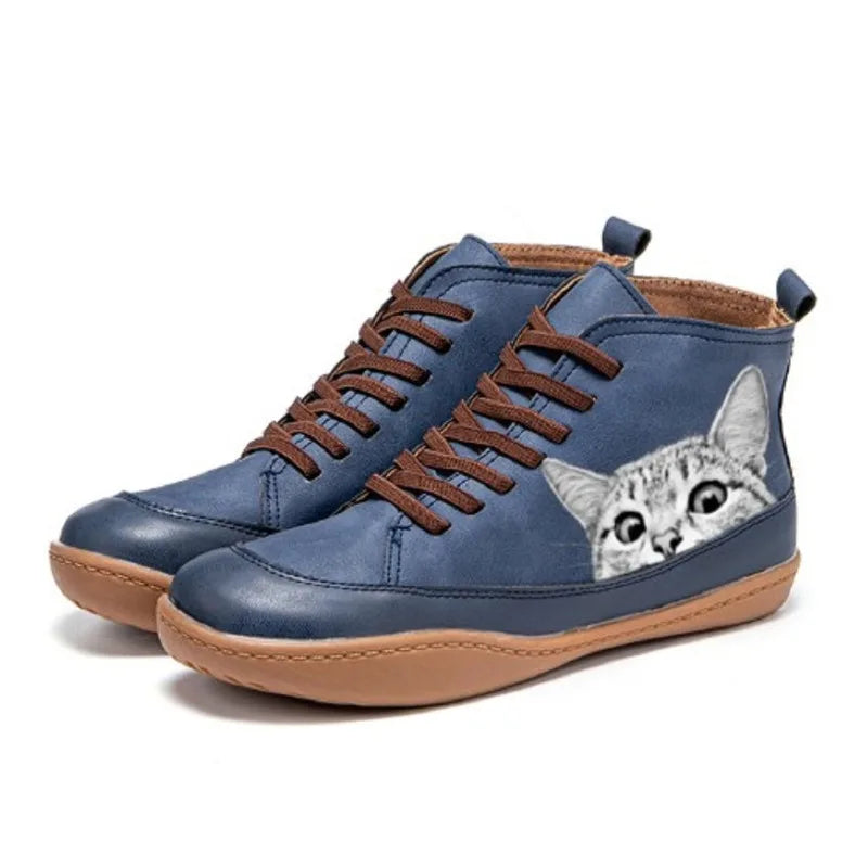 Women's Cat Print Lace Up Ankle Boots – Blue