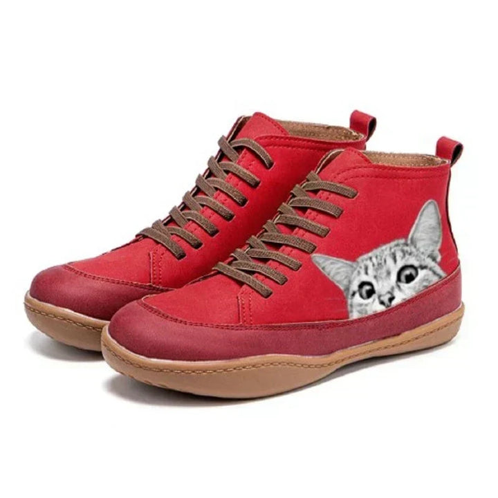 Women's Cat Print Lace Up Ankle Boots – Red