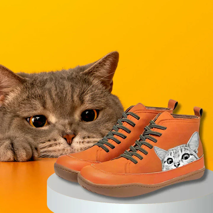 Women's Cat Print Lace Up Ankle Boots – Detail View