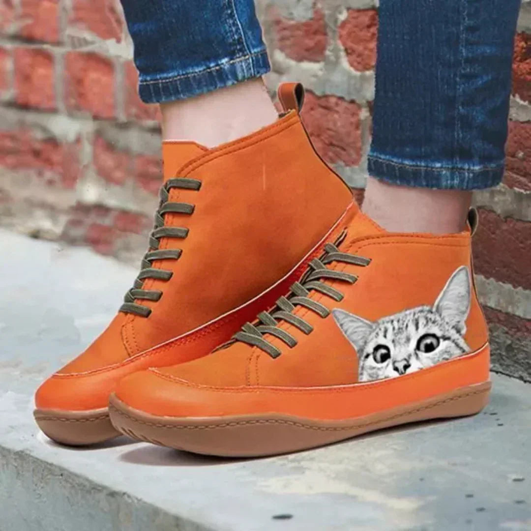 Women's Cat Print Lace Up Ankle Boots – Detail View