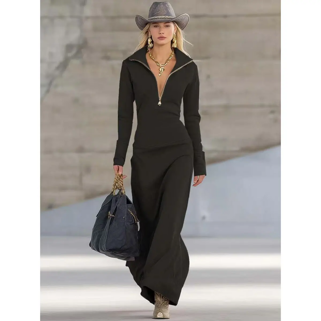 Marguerite - Casual Turtleneck Zip Maxi Fall Dress 1
