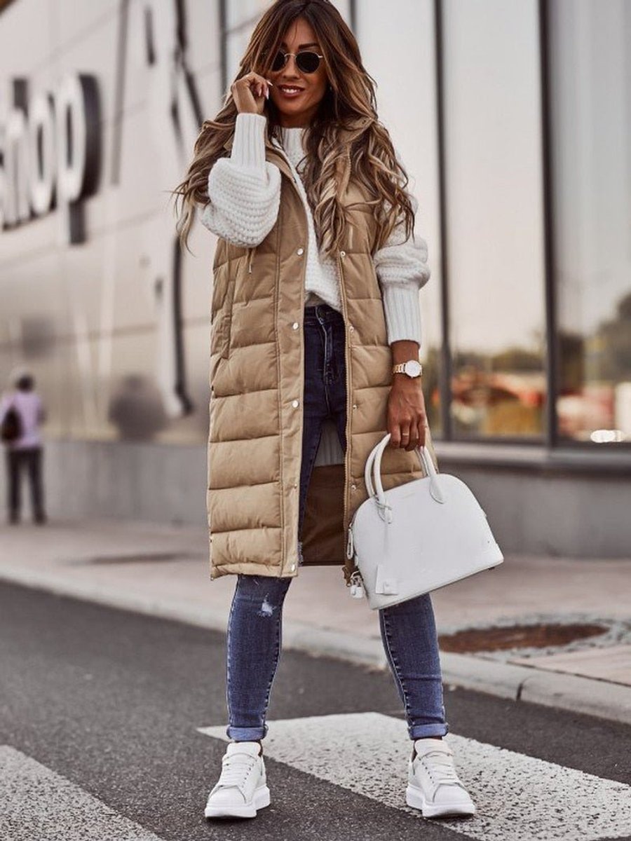 Women's Long Hooded Puffer Vest – Beige