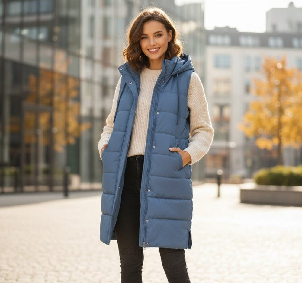 Women's Long Hooded Puffer Vest – Blue