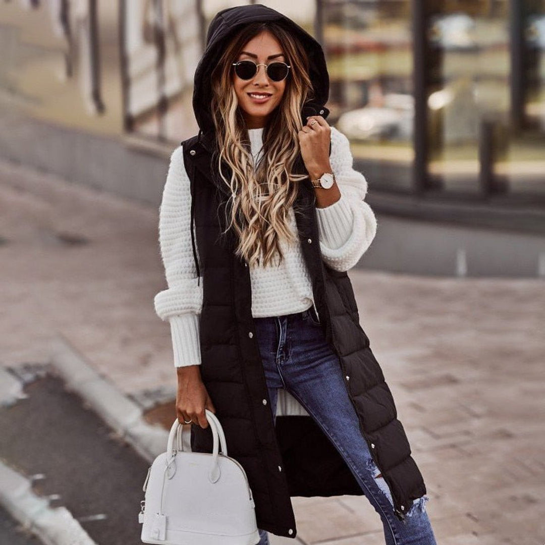 Women's Long Hooded Puffer Vest – Detail View