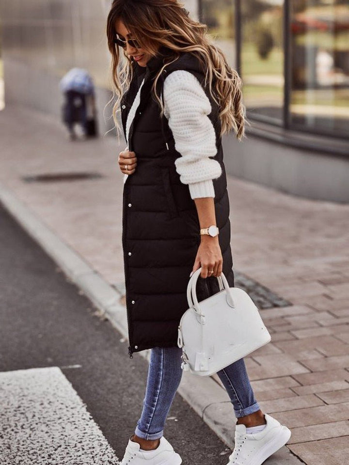 Women's Long Hooded Puffer Vest – Detail View