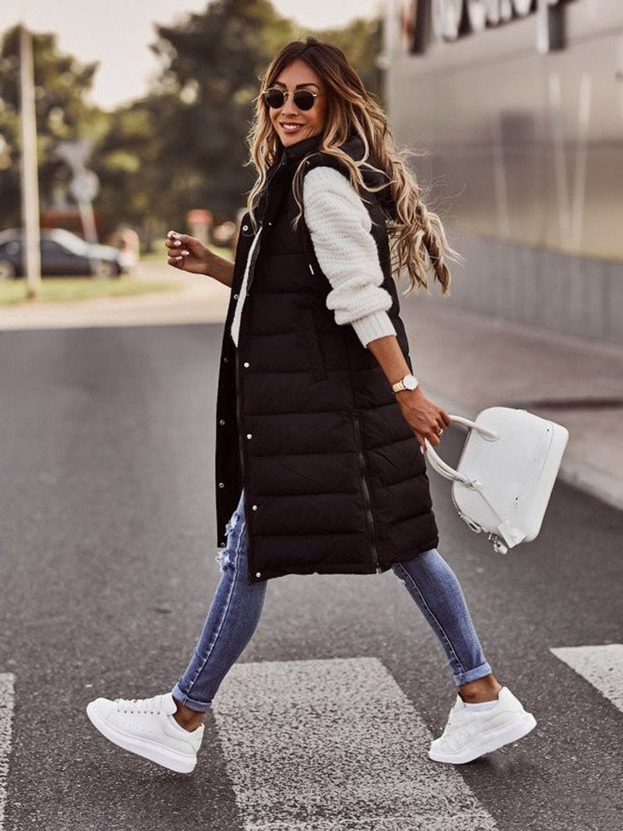 Women's Long Hooded Puffer Vest – Detail View