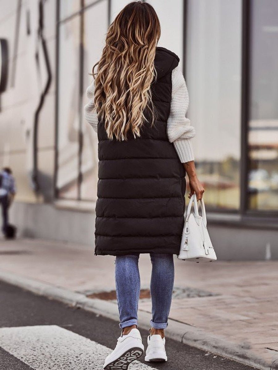 Women's Long Hooded Puffer Vest – Detail View