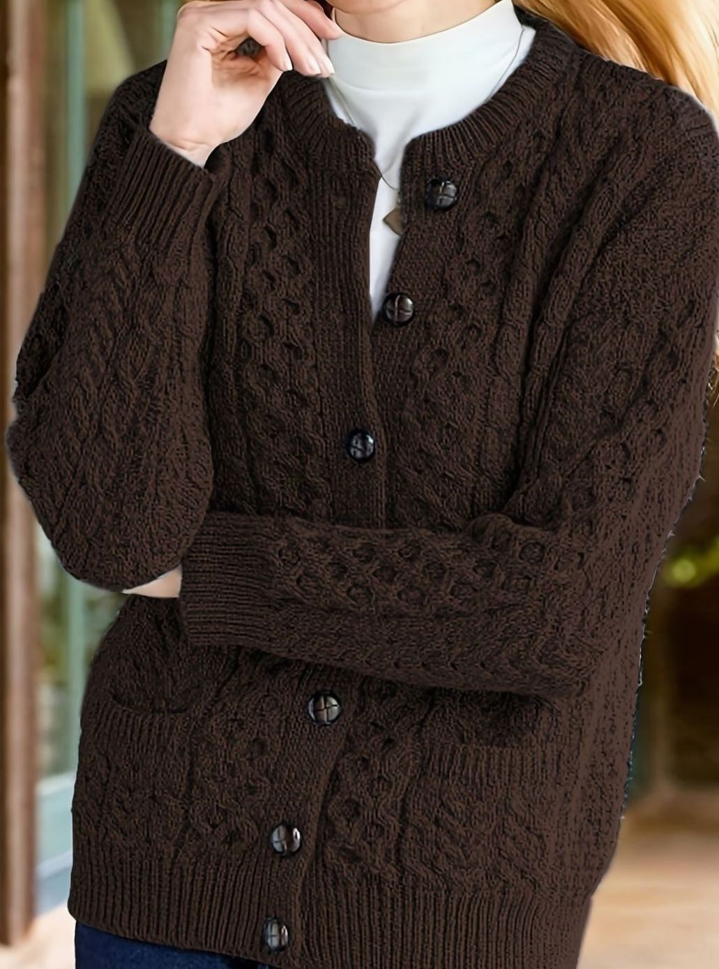 Women's Cable Knit Cardigan Sweater – Detail View