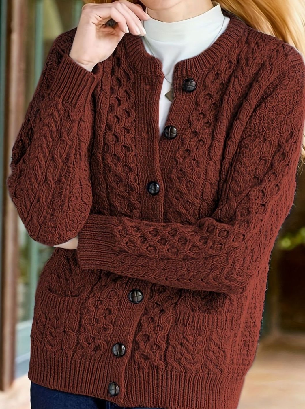 Women's Cable Knit Cardigan Sweater – Detail View