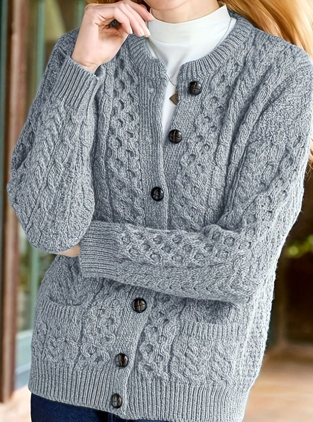 Women's Cable Knit Cardigan Sweater – Detail View