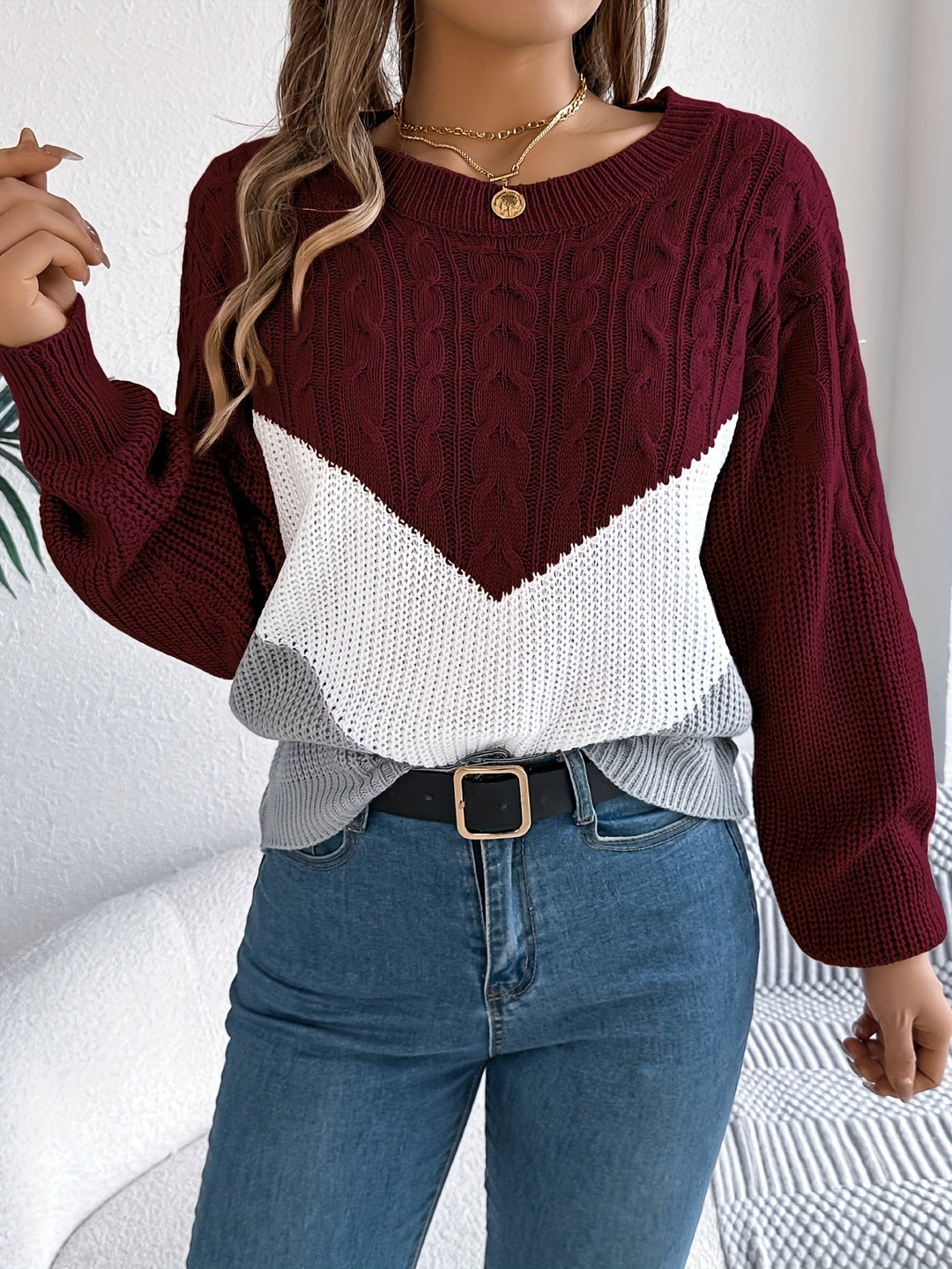 MYRTILLE | WOMEN'S COLOR BLOCK CABLE KNIT SWEATER 12