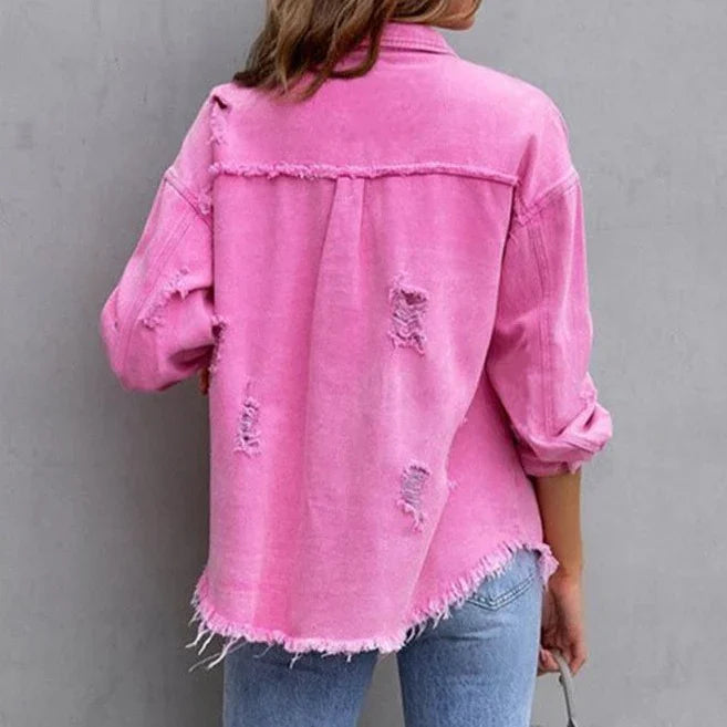 NADINE - DISTRESSED RAW HEM DENIM JACKET 12