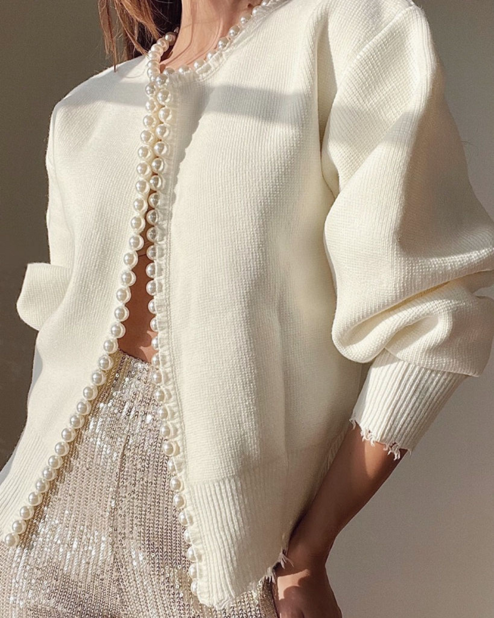 Women's Pearl Embellished Knit Cardigan – White