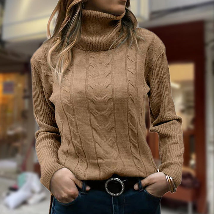 Women's Cable Knit Turtleneck Sweater – Brown