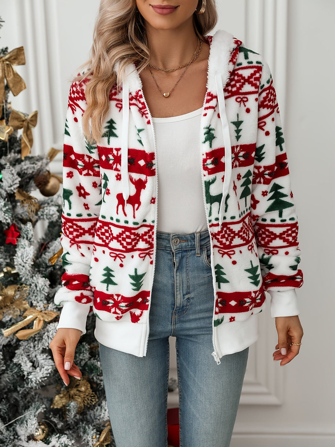 NOELIE | WOMEN'S CHRISTMAS HOODED ZIP CARDIGAN REINDEER FAIR ISLE KNIT 4