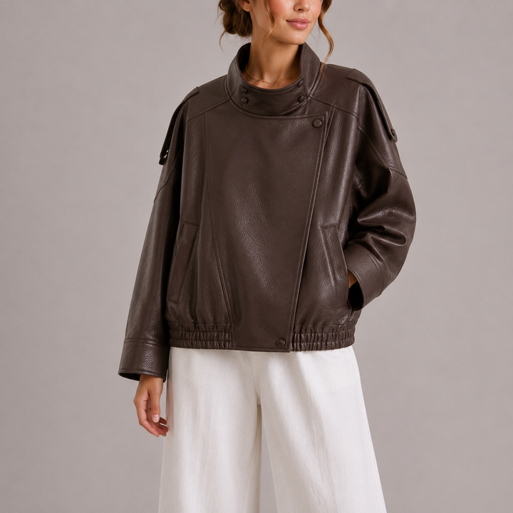 NOEMIE - HIGH COLLAR FAUX LEATHER BOMBER JACKET 1