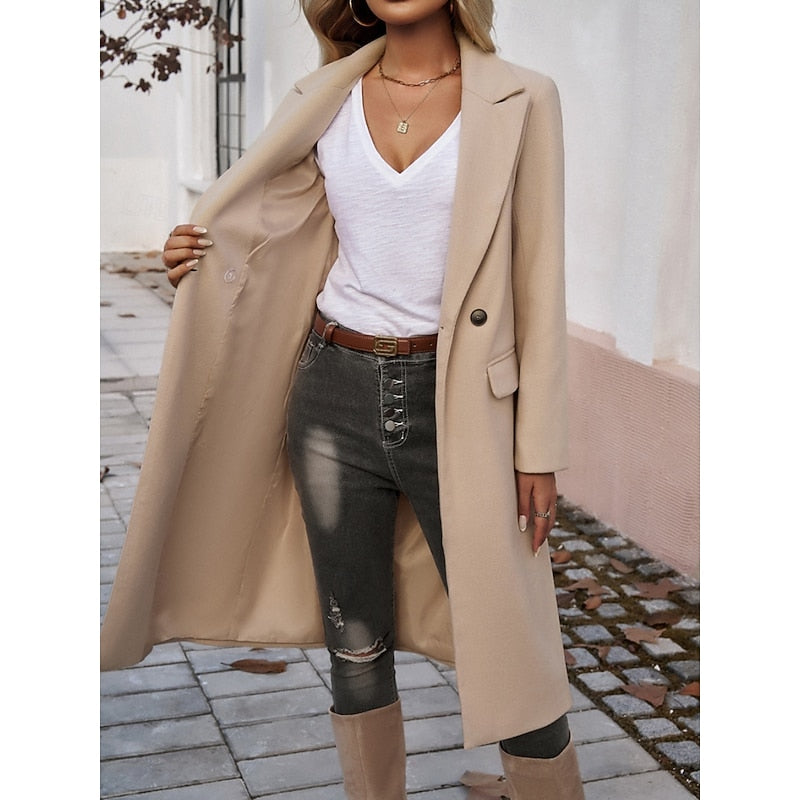 Women's Wool-Blend Long Overcoat – Apricot