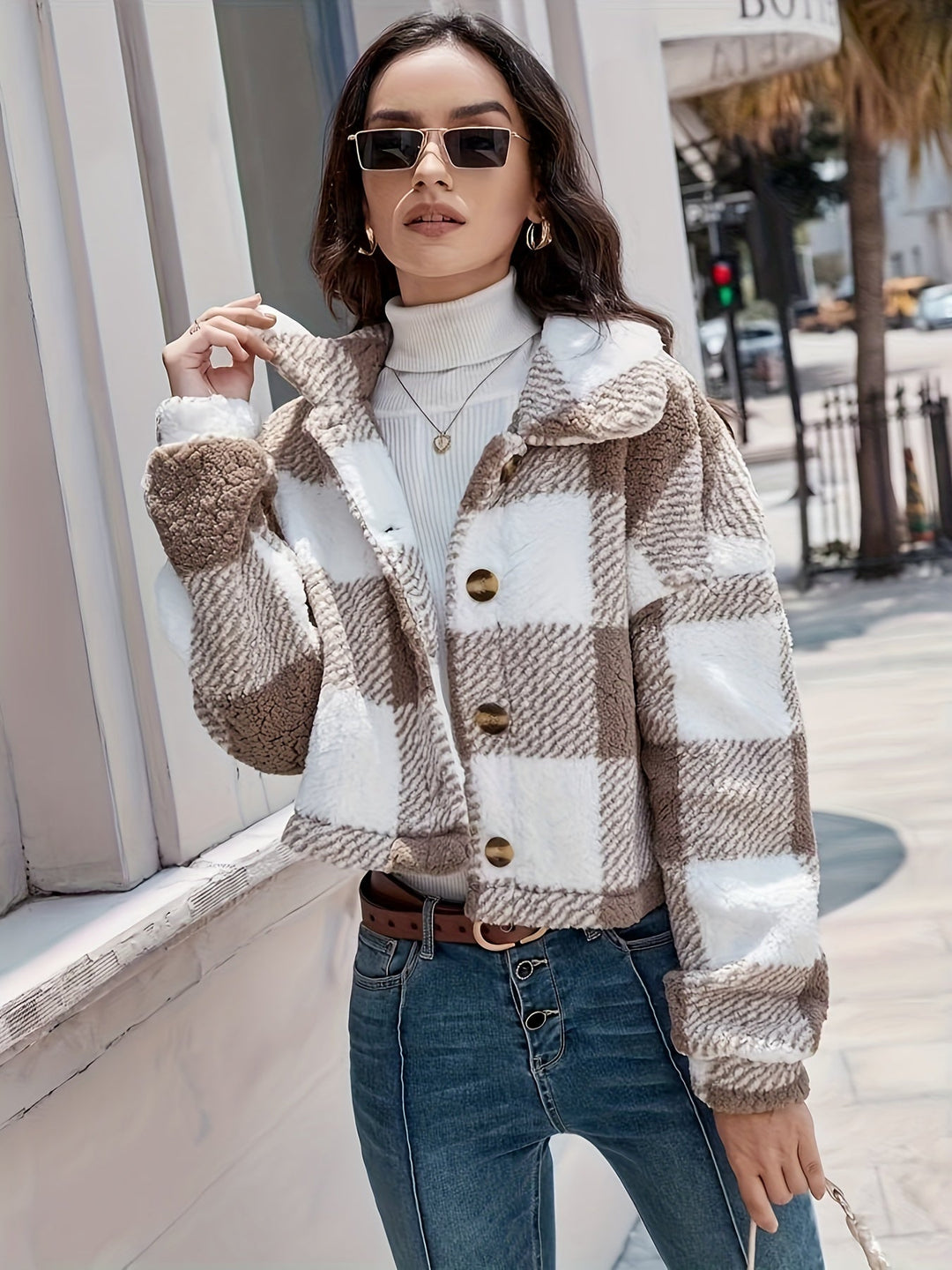 PAULETTE | WOMEN'S TEDDY JACKET SHERPA PLAID SHACKET COAT 1