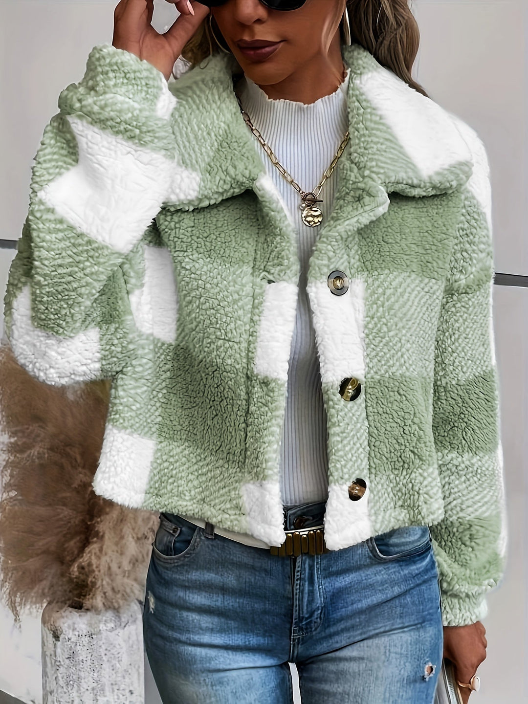 PAULETTE | WOMEN'S TEDDY JACKET SHERPA PLAID SHACKET COAT 10