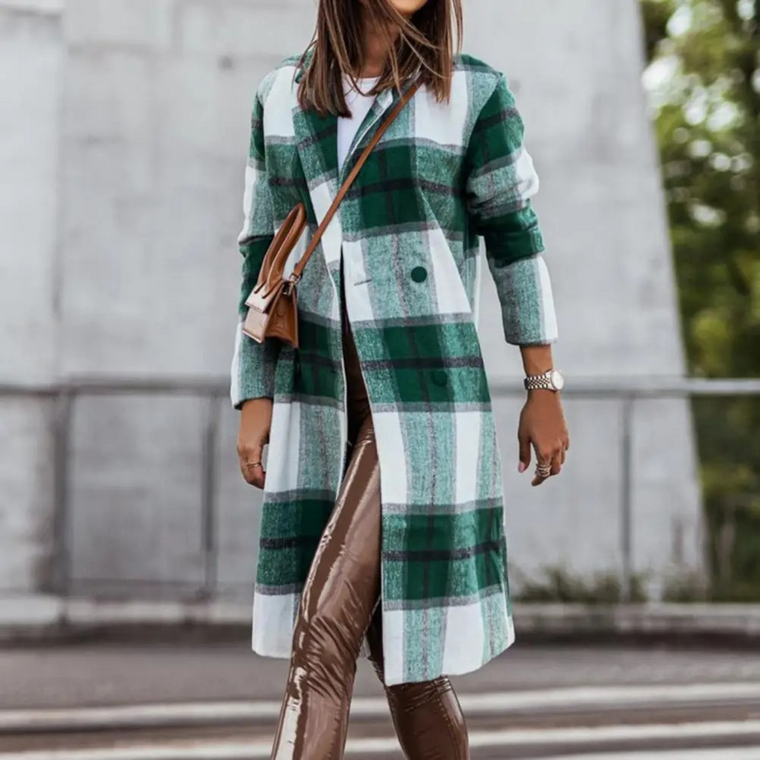 Women's Long Plaid Wool Coat – Green