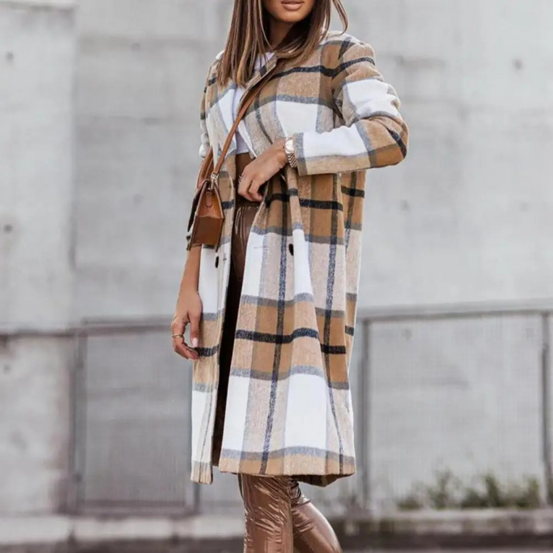 Women's Long Plaid Wool Coat – Brown
