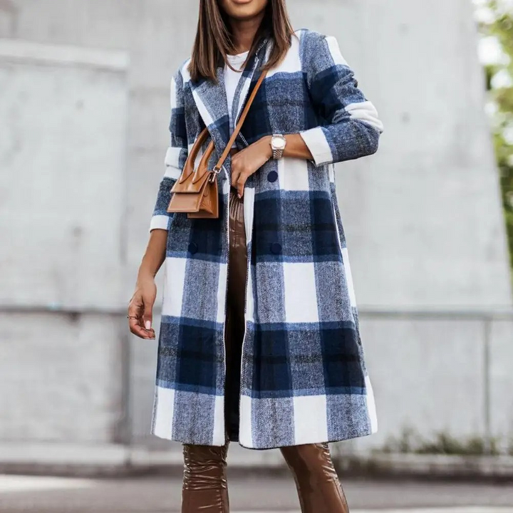 Women's Long Plaid Wool Coat – Detail View