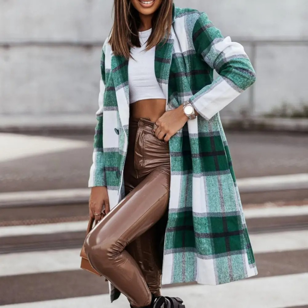 Women's Long Plaid Wool Coat – Detail View