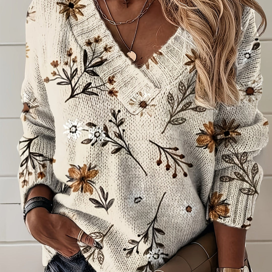 PETRONELLE | WOMEN'S FLORAL V NECK KNIT SWEATER 1
