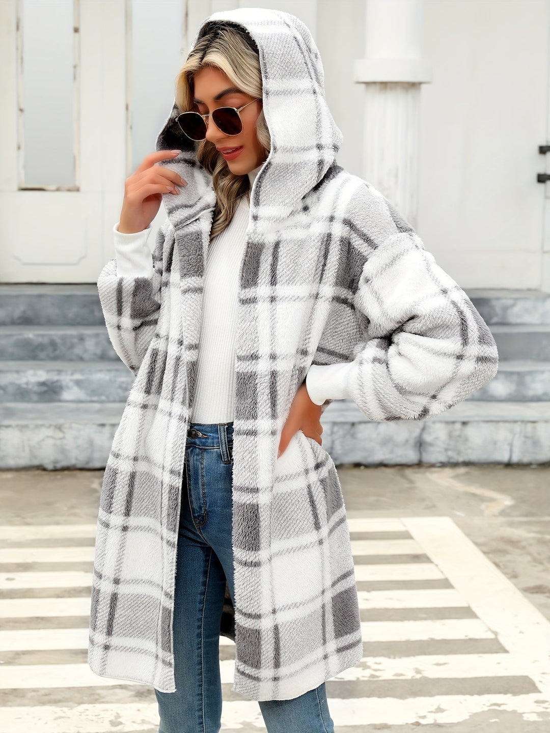 PHILOMENE | WOMEN'S LONG PLAID COAT HOODED CARDIGAN 5