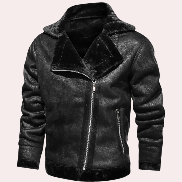 Men's Leather Shearling Biker Jacket – Black