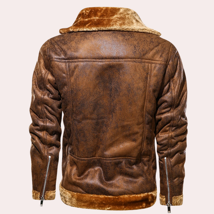 Men's Leather Shearling Biker Jacket – Detail View