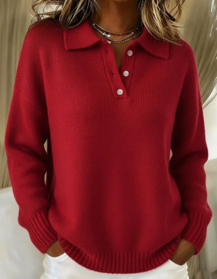Women's Polo Collar Knit Sweater – Red