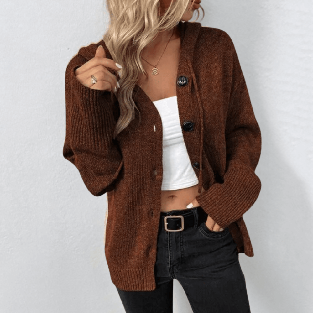 Women's Hooded Button Up Knit Cardigan – Brown