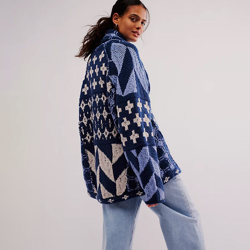 Women's Boho Shawl Collar Cardigan – Blue