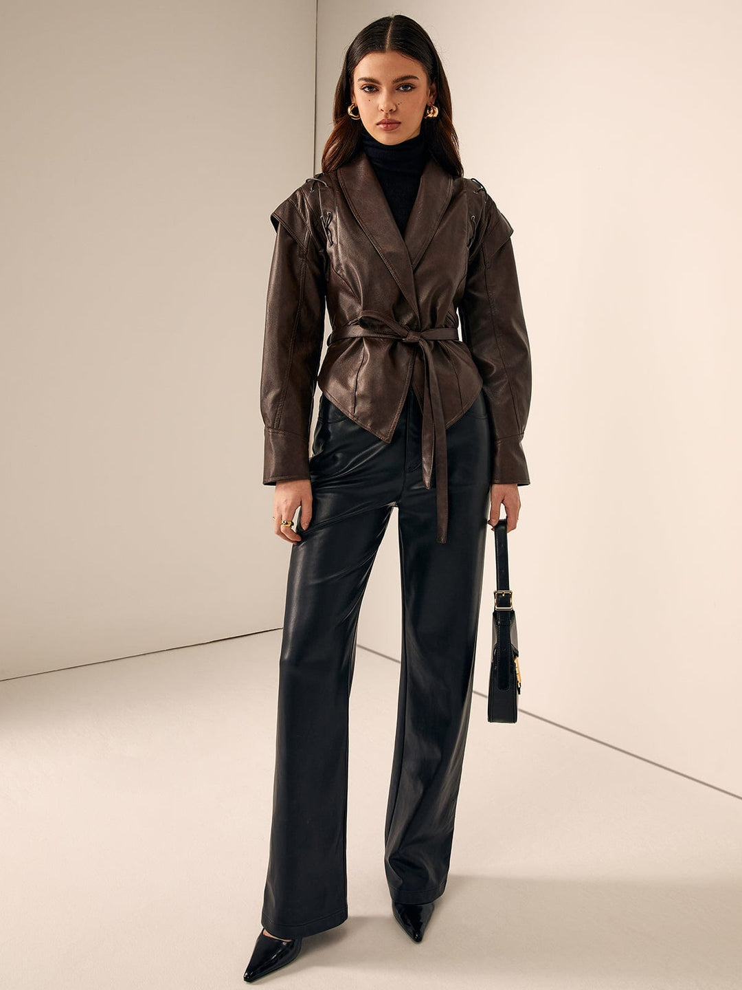 ROXANE - BELTED HOODED FAUX LEATHER JACKET 1