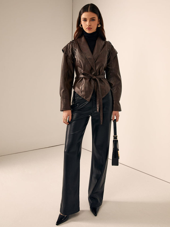 ROXANE - BELTED HOODED FAUX LEATHER JACKET 1