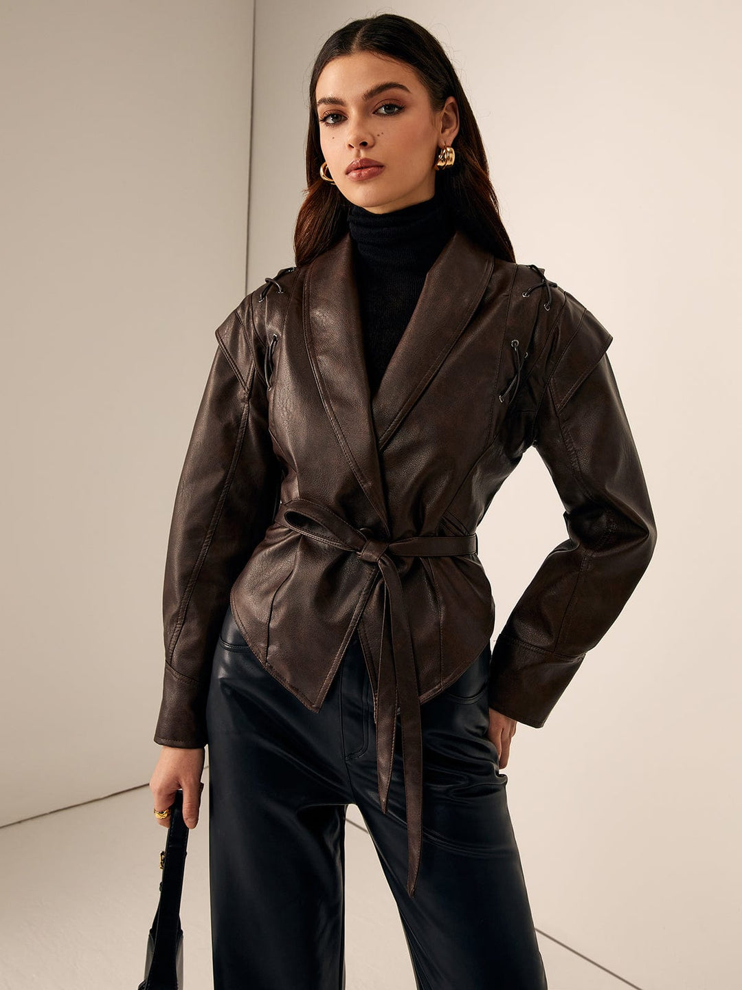 ROXANE - BELTED HOODED FAUX LEATHER JACKET 2