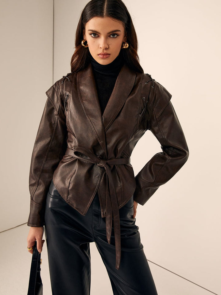 ROXANE - BELTED HOODED FAUX LEATHER JACKET 4