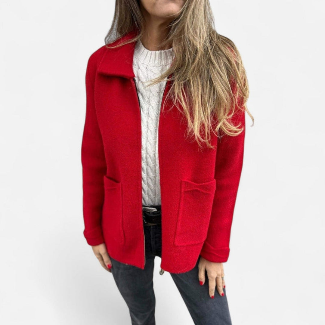 Women's Collared Zip Up Knit Jacket – Red