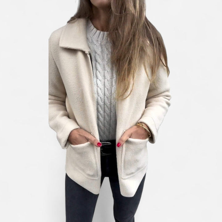 Women's Collared Zip Up Knit Jacket – White