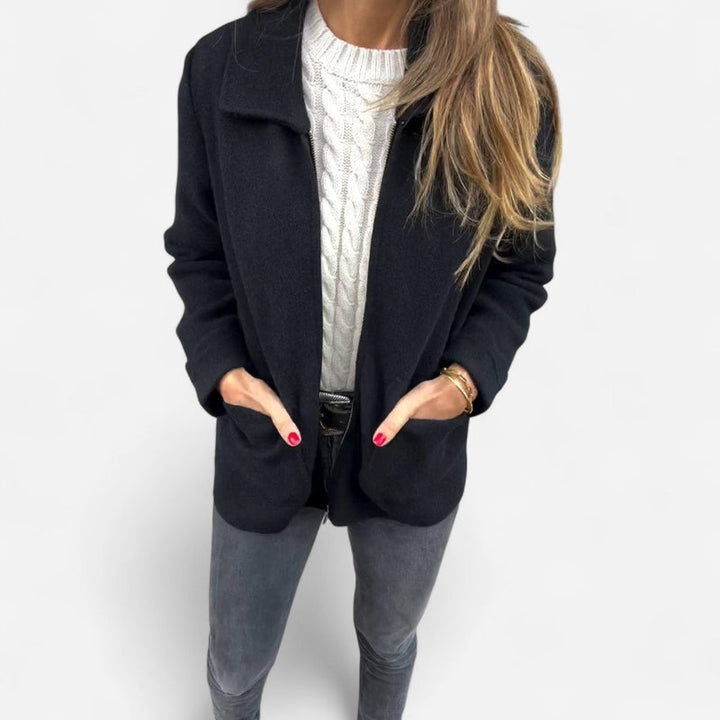 Women's Collared Zip Up Knit Jacket – Black