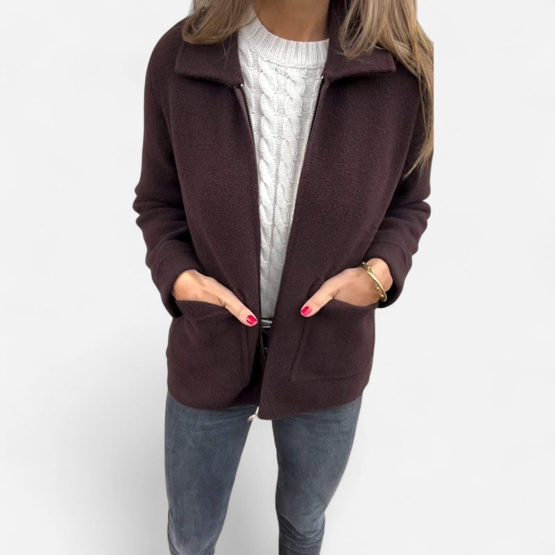 Women's Collared Zip Up Knit Jacket – Brown